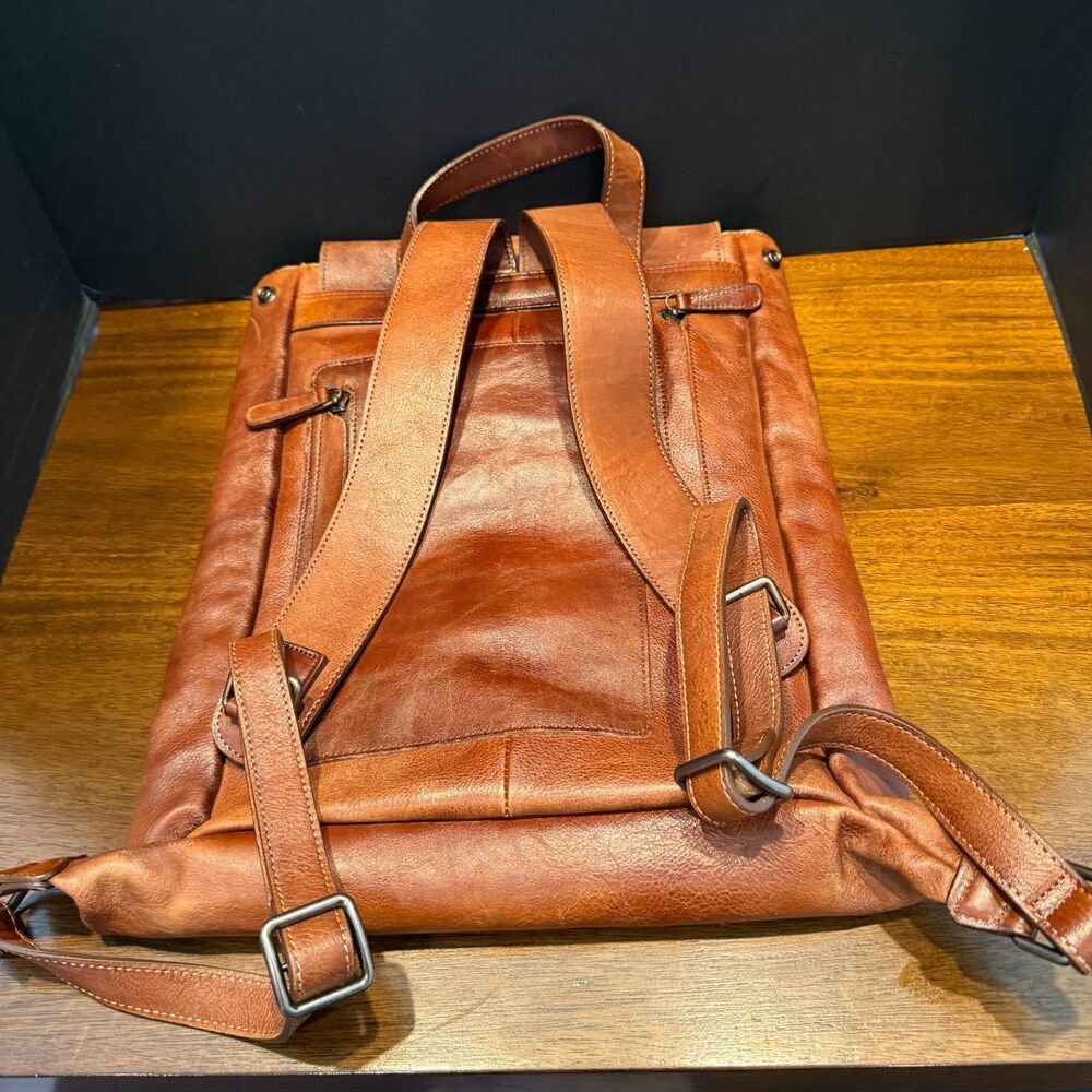 Brown Leather Slim Backpack Rucksack Academia Bookbag Antiqued Brass - Picture 7 of 9